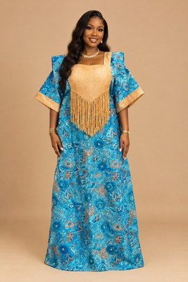 Robe boubou kaftan africaine de luxe pour femme – Imprimé floral bleu avec franges dorées