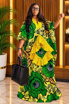 African women green boubou Ankara Fashion, with a lace design