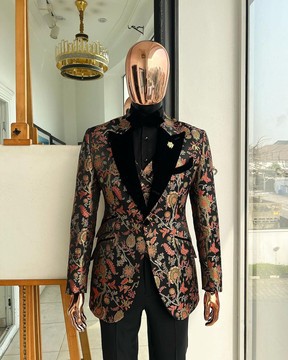 A Gold, peach &amp; black mix metallic jacquard, peak lapel tuxedo suit