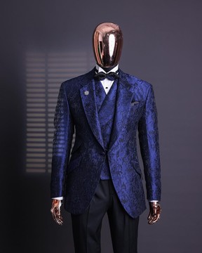 A Navy blue, knitted, root floral jacquard notch lapel suit.