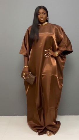 Women’s Brown Silk Kaftan Dress – Loose-Fit Satin Maxi Gown