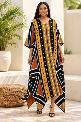 Robe midi à col en V et manches courtes pour femme en imprimé africain | Robe midi en imprimé africain | Bynelo