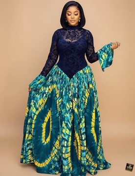 Teal &amp; Gold Adire Silk Mesh-Inset Gown