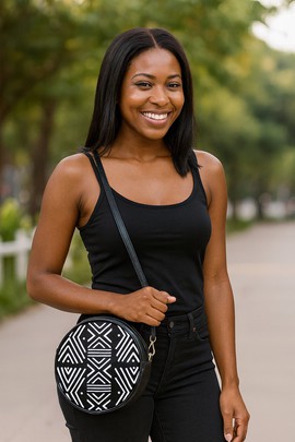 Black Shoulder Bag Round Sling African Print