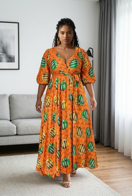 Long silk dress wax print pattern long sleeves Orange women's dresses with slit