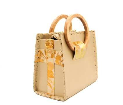 Cream Vegan Leather Handbag with Wooden Handles , Golden Renaissance Print