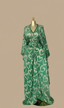 Long Emerald Heart-Print Hand-Dyed Adire Ruched Gown