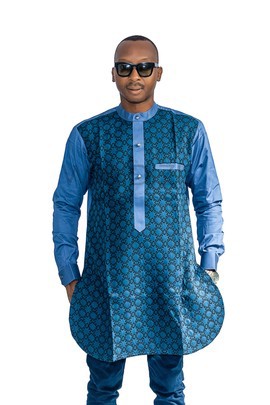 Half Collar Blue Dress Shirt, African Men Shirt, African Clothing