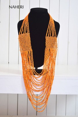 African beaded scarf necklace | African tribal handmade jewelry | Orange jewellery