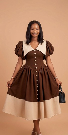 Elegant Brown Midi Dress – Vintage Puff Sleeve Button Front Flared Dress with Contrast Collar