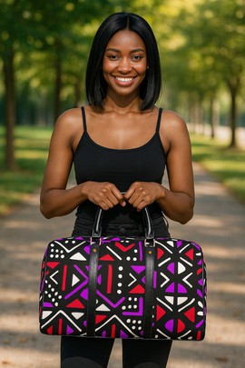 African Leather Bag for Travel Mud Cloth Geometric Pink