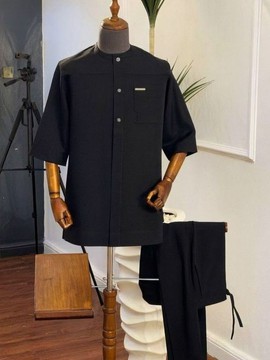 Men's Black Mandarin Collar Button-Down Top with Chest Pocket and Trouser Set
