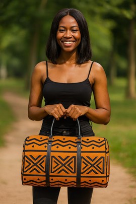 African Leather Bag for Travel Mud Cloth Zigzag Print Style