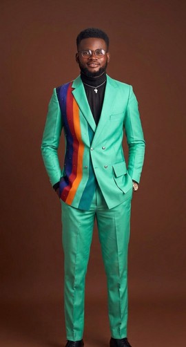 Mint Green Double-Breasted Suit with Rainbow Stripe Panel