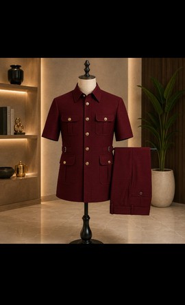 Men's Burgundy Safari Jacket and Trouser Set – Gold Button Four-Pocket Two-Piece Suit