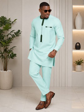 Tenue sénatoriale pour homme vert menthe avec bordure vert foncé – Ensemble haut traditionnel à manches longues et pantalon