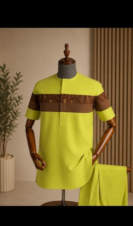 Ensemble senator vert citron pour homme avec détails de panneau camouflage – tenue traditionnelle deux pièces à manches courtes