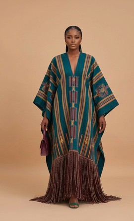 Luxury African Aso Oke Kaftan Maxi Dress – Teal Handwoven Traditional Dress with Fringe Hem
