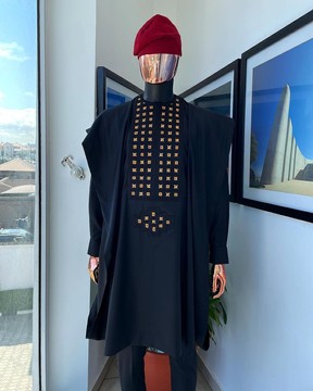 A charcoal black, connected square embroidery design Agbada