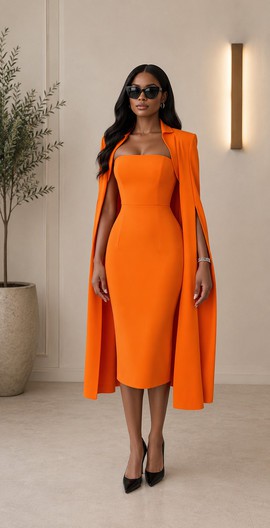 Women's Orange Strapless Cotton Blend Midi Dress &amp; Cape Coat Set