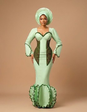Glamorous Mint Green Handwoven Aso-Oke Corset Mermaid Gown with Matching Pretied Gele