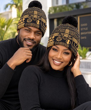 Afrocentric Mudcloth Print Knitted Hat With Pom-Pom | African Winter Accessory | Bynelo