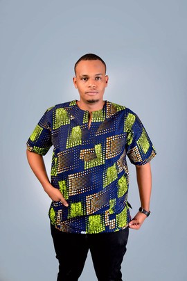 Men’s Navy Blue African Print Dashiki Shirt – Blue and Green Ankara Short Sleeve Top