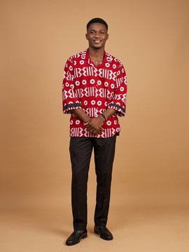 Vibrant Red Afro-Geometric Kimono Shirt &amp; Trousers Set