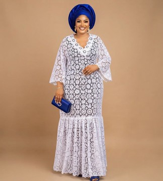 Women Nigerian White Floral Cord Lace Maxi Dress and Auto Gele Set