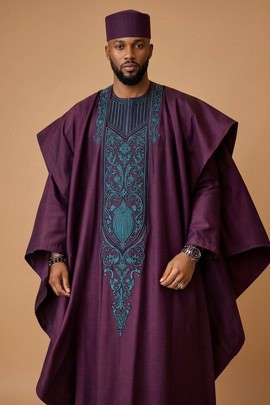Ensemble Agbada royal violet et turquoise brodé pour homme africain