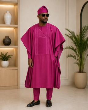 Men's Magenta Agbada Set – Senator Material Traditional Outfit with Geometric Embroidery