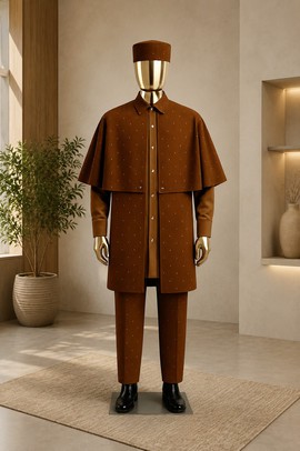 Men's Brown Embellished Cape Kaftan Set with Matching Cap – 3-Piece Native Wear with Crystal Studs
