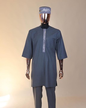 A grey, undulating lane embroidery , 3/4 sleeve African senator kaftan native.