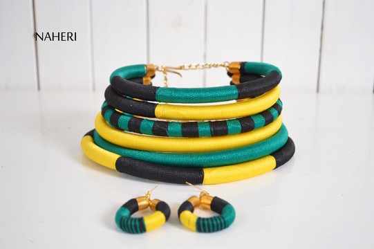 African inspired layered necklace bracelet and earrings set | Handmade designer jewelry