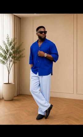 Men's Royal Blue Cotton Camp Collar Shirt &amp; Light Blue Wide-Leg Trousers Set