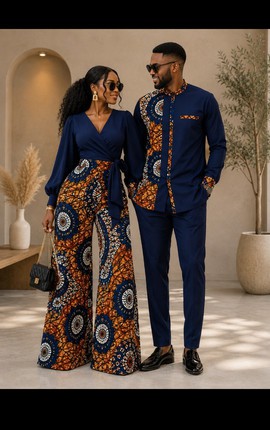 Tenues assorties pour couple en imprimé Ankara bleu marine – ensembles deux pièces imprimés africains pour lui et elle
