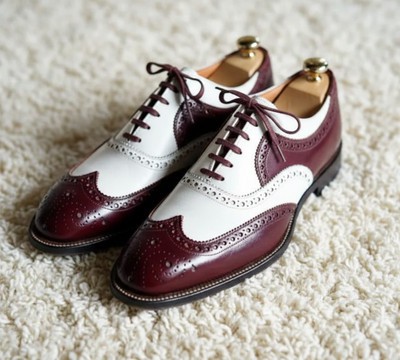 Handcrafted Two-Tone Burgundy &amp; White Wingtip Brogue Dress Shoes – Premium Leather, Goodyear Welted
