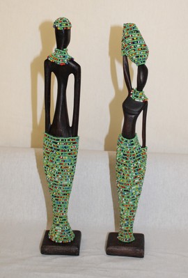 2pc Couple Beaded Wooden Figurines, African Decor, Wooden Figurines. Home Decor