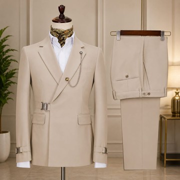 Men's Beige Poly Viscose Slim Fit Suit – Lapel Blazer with Buckle Belt Strap &amp; Matching Trouser