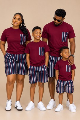 Family Matching Two-Piece Set | Burgundy T-Shirt &amp; Striped Shorts Outfit