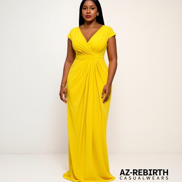 Cap-Sleeve Draped Evening Gown Title Élégante Robe Longue Jaune à Manches Courtes Drapées