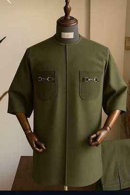 Men's Olive Green Native Top with Silver Chain-Link Dual Pocket Detail – Two-Piece Traditional Wear