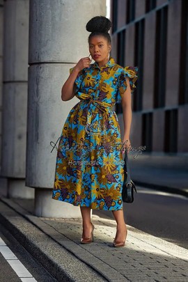 ZENDAYA BLUE AND BROWN FLORAL MIDI DRESS
