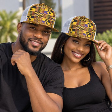 African Heritage Kente Black Flat-Brim Mesh Cap | Kente Headwear | Bynelo