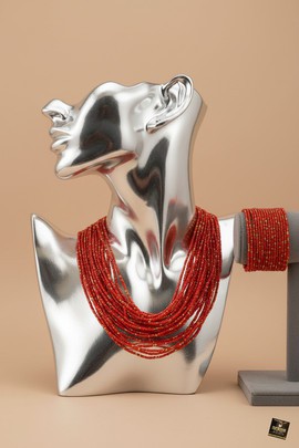 Parure collier et bracelet manchette multirang en perles de rocaille couleur rubis