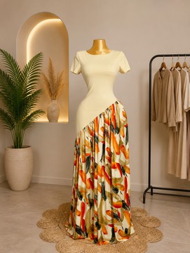 Women's Cream Short Sleeve Mesh Gown with Abstract Painterly Print