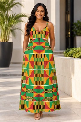 Kente Print Women's Elegant V-Neck Maxi Dress with Pockets | Kente Maxi Dress