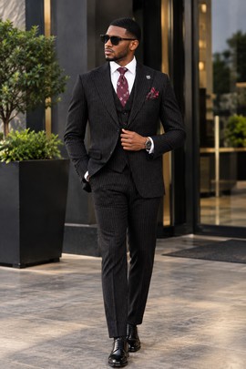 Costume trois pièces noir à fines rayures pour homme – Veste de costume, gilet et pantalon coupe classique