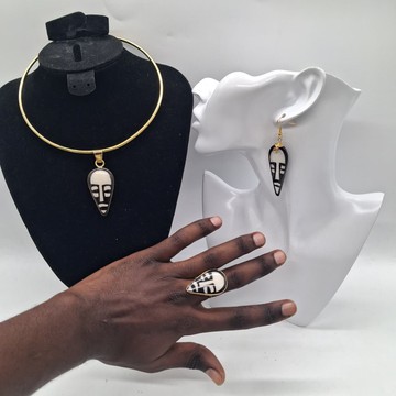 Maasai African Statement Jewelry, Handmade Brass Mask Jewelry Set, Choker Earrings &amp; Ring