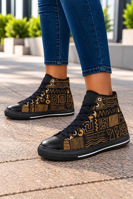 Afrocentric Mudcloth Women's Classic High Top Canvas Shoes | African Sneakers | Bynelo